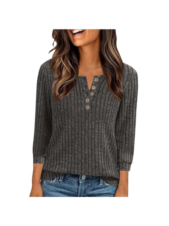 Women Winter Casual Knit Sweater Top Round Neck Button Down Loose Fit Brushed Striped Knitted Three Quarter Sleeve Pullover Soft Everyday Wear(Gray,L)