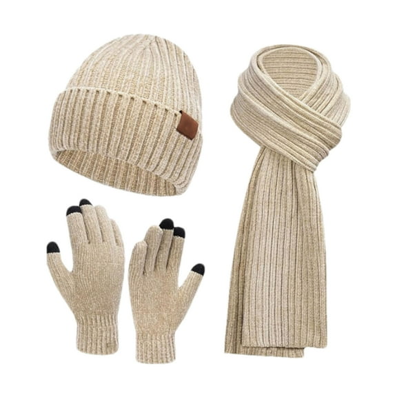 CheerKidz Women Winter Hat Scarf Gloves Set Warm Knitted Cap Earflap Scarf Neck Warmer and Mittens for Cold Weather Outdoor Activities Three-piece Set 11x70inch(Beige,Free Size)