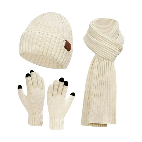 CheerKidz Women Winter Hat Scarf Gloves Set Warm Knitted Cap Earflap Scarf Neck Warmer and Mittens for Cold Weather Outdoor Activities Three-piece Set 11x70inch(White,Free Size)