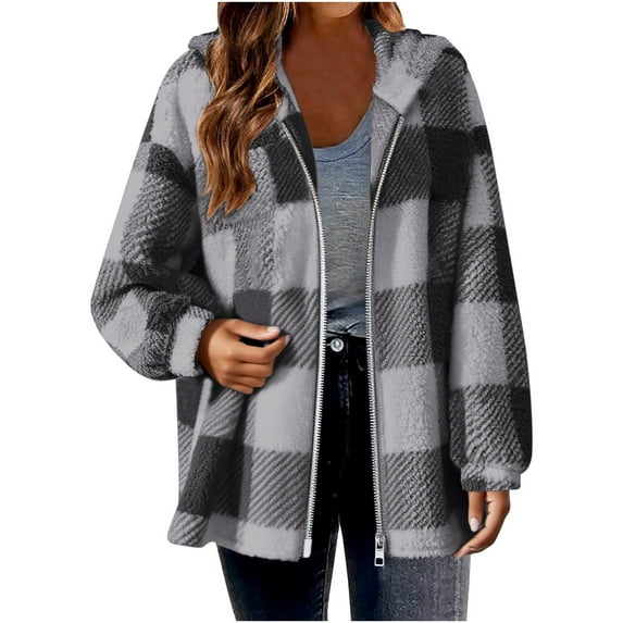 CheerKidz Women Winter Long Sleeve Plaid Hooded Coat Casual Warm Zipper Front Outerwear Soft V Neck Jacket for Daily Wear Fall Spring Fashion Blouse(Gray,XL)