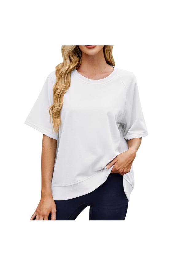 Women's Fashion Casual Spring and Summer Solid Color Thread Round Neck Shoulder Loose Short-Sleeved Party Playwear(White,S)