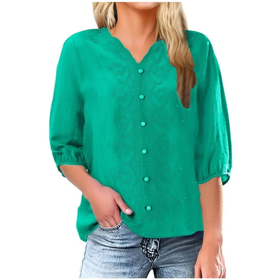 CheerKidz Women's Summer V Neck Short Sleeve Linen Solid Color T - shirt for Vacation,Workout and Party(Green#3,XL)