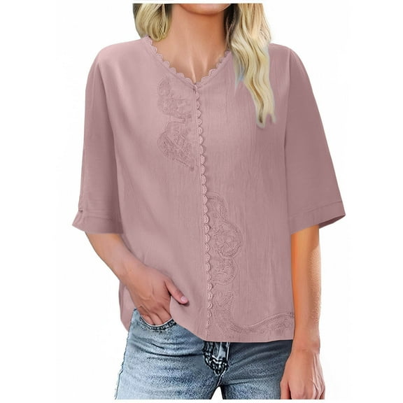 CheerKidz Women's Summer V Neck Short Sleeve Linen Solid Color T - shirt for Vacation,Workout and Party(Pink#1,2XL)