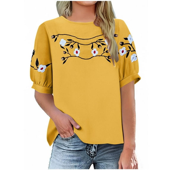 CheerKidz Women's Summer V Neck Short Sleeve Linen Solid Color T - shirt for Vacation,Workout and Party(Yellow#2,S)