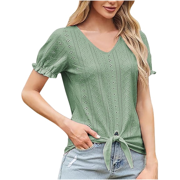 CheerKidz Women's 3/4 Lace Sleeve V-Neck Button Casual Blouse Loose Fits Printed Summer Tops Breathable Comfortable Stylish Trendy Office Wear(Green,S)