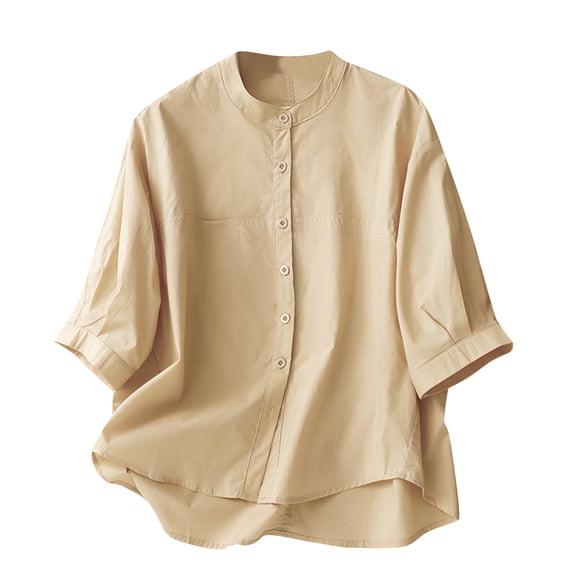 CheerKidz Women's 3/4 Sleeve Round Neck Button Blouse Imitation Cotton Linen Textured Fabric Wrinkle Free Fashion Tops(Khaki,XL)
