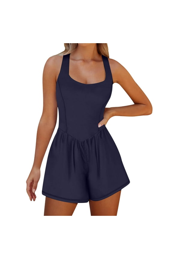 Women's Athletic Workout Romper,Running Short Jumpsuit for Gym and Yoga,Summer Breathable Outfit(Navy,2XL)