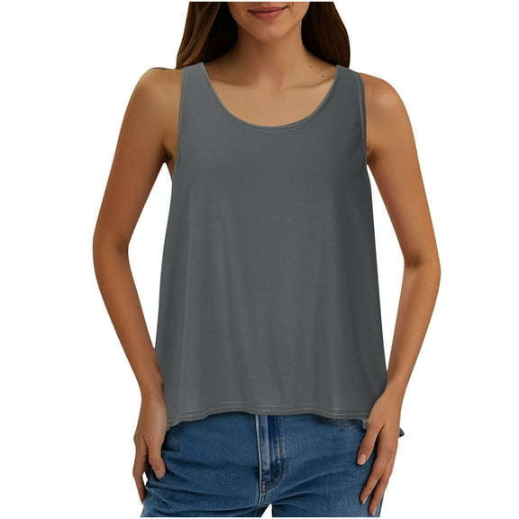 CheerKidz Women's Back Slit T-Shirt Solid Color Round Neck Casual Top, Fashion Summer Sleeveless Shirt(Dark Gray,S)