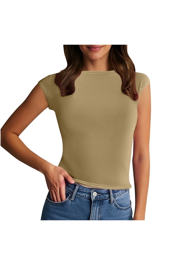 Women's Backless T-Shirt Round Neck Close-Fitting Casual Top,Solid Color Summer Sleeveless Tee(Khaki,M)