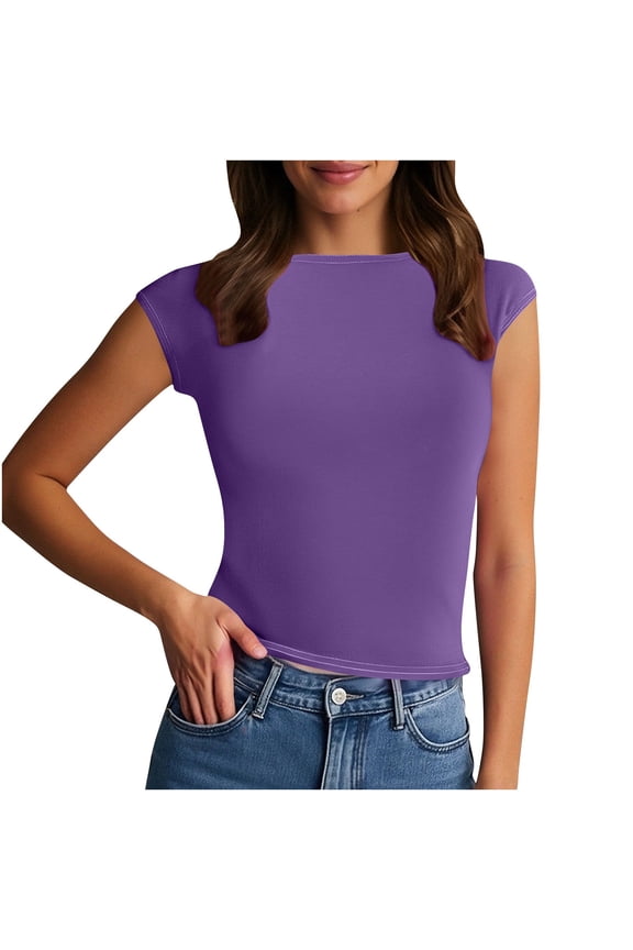 Women's Backless T-Shirt Round Neck Close-Fitting Casual Top,Solid Color Summer Sleeveless Tee(Purple#1,L)