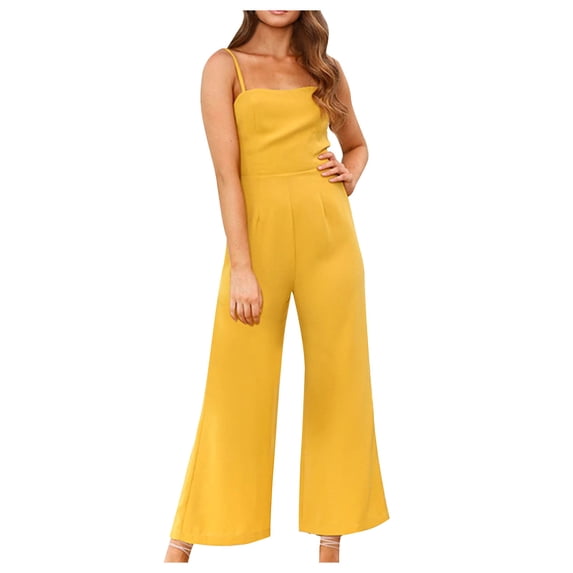 CheerKidz Women's Belted High Waist Romper,Sleeveless Summer Jumpsuit with Long Pants,Fashionable Solid Color Outfit(Yellow,L)