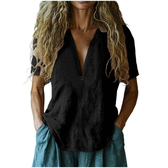 CheerKidz Women's Button Detail V-Neck Loose T-Shirt Blouse Solid Color Casual Tops Comfortable Pullover Style Everyday Wear(Black,XL)