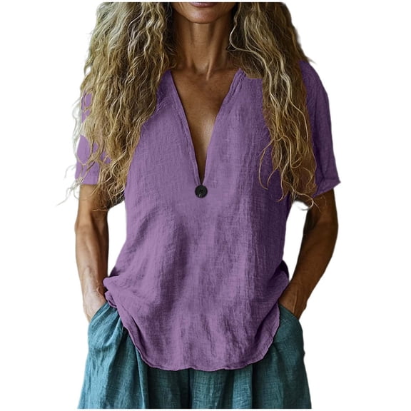 CheerKidz Women's Button Detail V-Neck Loose T-Shirt Blouse Solid Color Casual Tops Comfortable Pullover Style Everyday Wear(Purple,L)