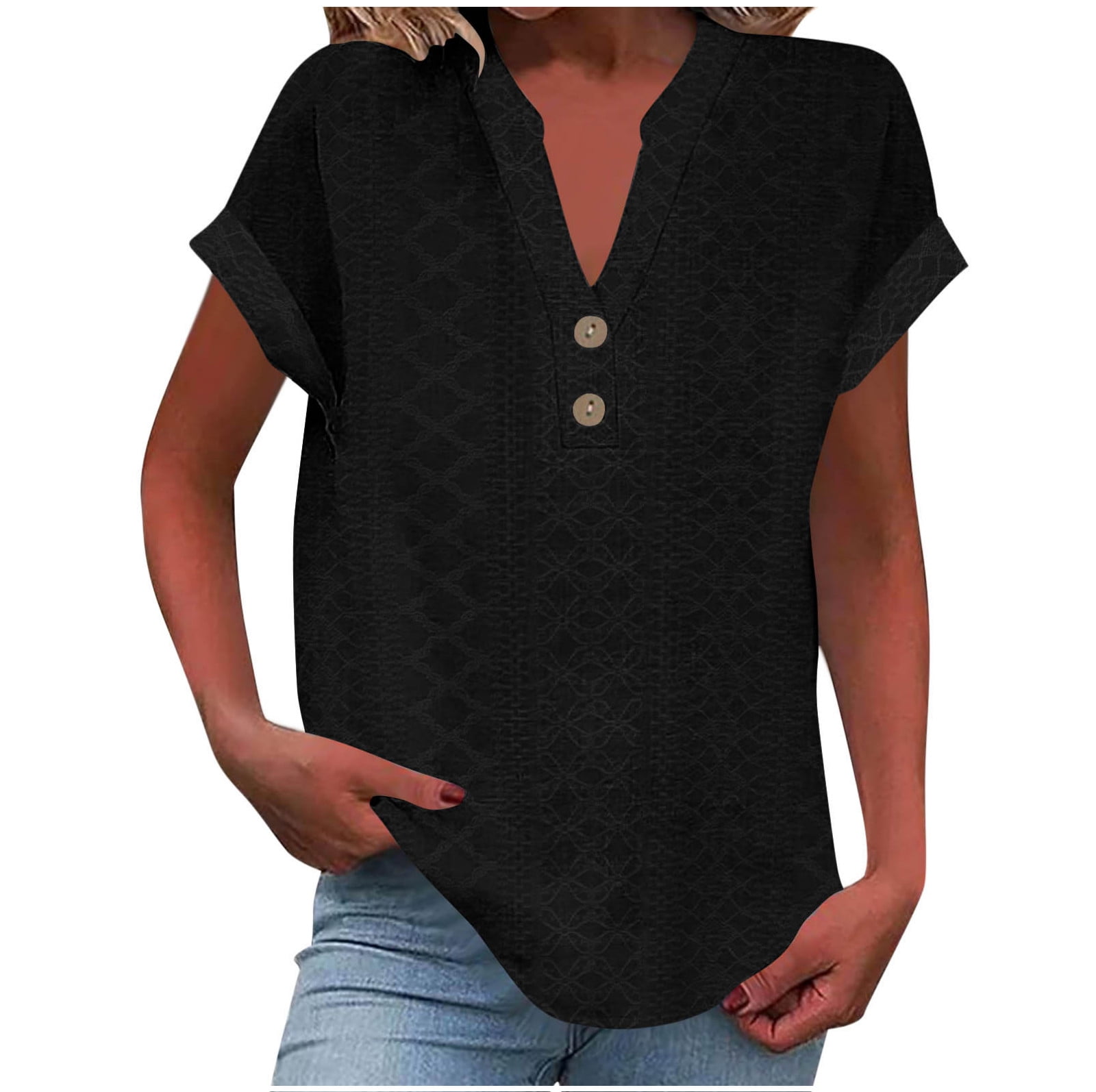 CheerKidz Women's Button Up VNeck Short Sleeve Blouse Solid Color — free download