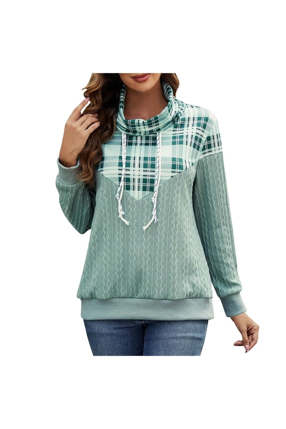 Women's Cable Knit Sweater with Plaid Pattern and Adjustable Drawstring Long Sleeve Cozy Pullover for Winter Fall Fashion(Green,M)
