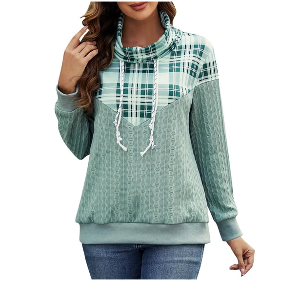 CheerKidz Women's Cable Knit Sweater with Plaid Pattern and Adjustable Drawstring Long Sleeve Cozy Pullover for Winter Fall Fashion(Green,S)
