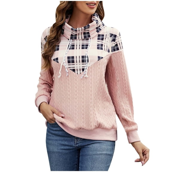 CheerKidz Women's Cable Knit Sweater with Plaid Pattern and Adjustable Drawstring Long Sleeve Cozy Pullover for Winter Fall Fashion(Pink,L)