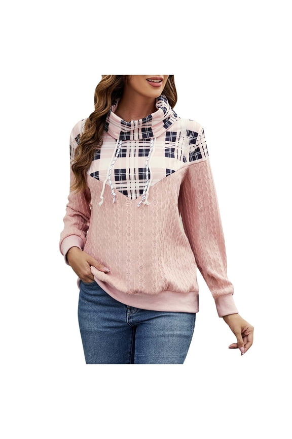 Women's Cable Knit Sweater with Plaid Pattern and Adjustable Drawstring Long Sleeve Cozy Pullover for Winter Fall Fashion(Pink,L)