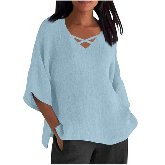 CheerKidz Women's Casual 3/4 Sleeve Round Neck Blouse Summer Linen Shirt Lightweight and Comfortable for Daily Wear(Light Blue#1,XL)