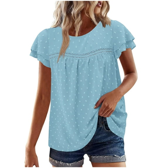 CheerKidz Women's Casual Boho Ruffle Short Sleeve Round Neck Loose Blouse Lace Detail Summer Tops,Flowy Vacation Blouse with Bohemian Style(Z03#Light Blue,2XL)