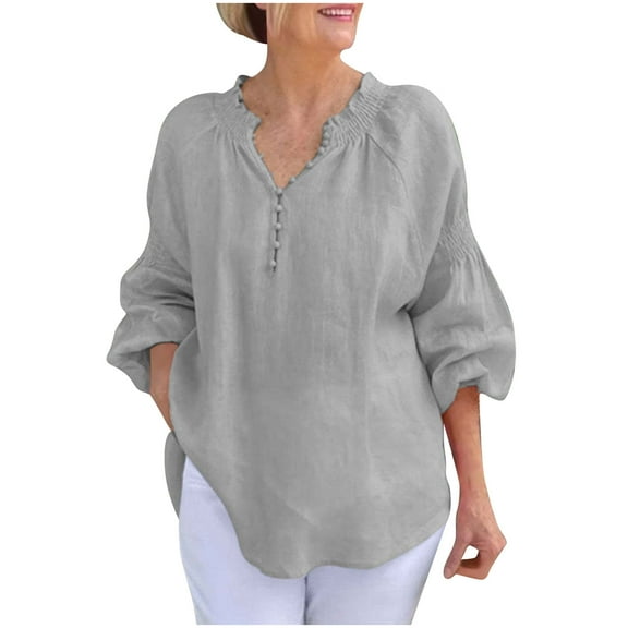 CheerKidz Women's Casual Cotton-Linen 3/4 Sleeve Cardigan Multi-Color Summer Cover-Up,Loose Fits Tunic Blouse for Layering,Vacation Wear(Gray,XL)