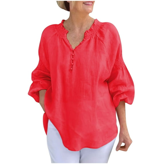 CheerKidz Women's Casual Cotton-Linen 3/4 Sleeve Cardigan Multi-Color Summer Cover-Up,Loose Fits Tunic Blouse for Layering,Vacation Wear(Red,S)