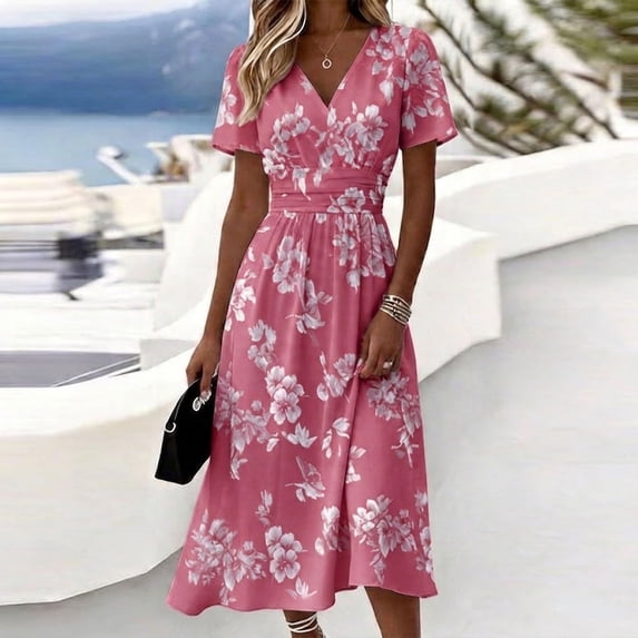 CheerKidz Women's Casual Floral Print V-Neck Midi Dress with Short Sleeves Pink S