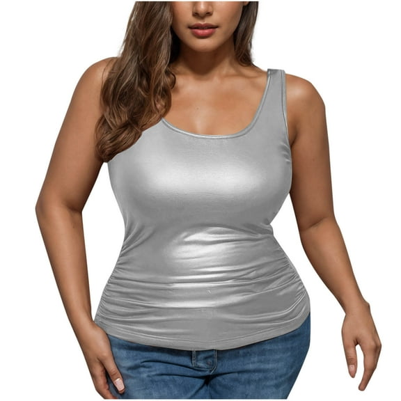 CheerKidz Women's Casual Round Neck Sleeveless Blouse Solid Color Ladies' Tops,Summer Loose Fits Tunic,Soft Basic Fashion(Silver,2XL)