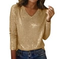 thumbnail image 1 of CheerKidz Women's Casual Sequin V Neck T Shirt Long Sleeve Top Blouse Stylish Party Wear Daily Comfortable Soft Basic Tee Modern Classic Womens Clothing Fashion Tops(Gold,XL), 1 of 6