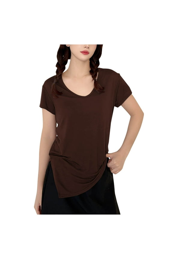 Women's Casual Solid Color Round-Neck Slit Hem Short-Sleeve Blouse Home and Bottom Matching Tops,Soft Summer Tunic for Relaxed Style(Brown,M)