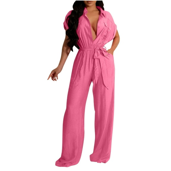 CheerKidz Women's Casual Tie-Front Jumpsuit,Short Sleeve Loose Fit Romper with Solid Color,Versatile Daily Wear(Hot Pink,S)