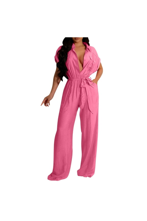 Women's Casual Tie-Front Jumpsuit,Short Sleeve Loose Fit Romper with Solid Color,Versatile Daily Wear(Hot Pink,S)