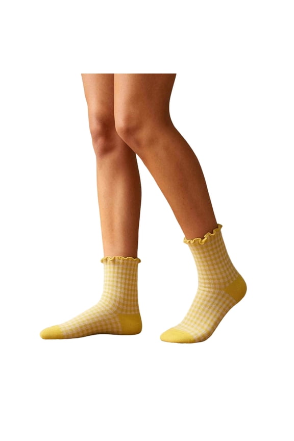 Women's Checkered Plaid Ankle Socks Ruffled Top Edge Cute Casual Spring Warm-Weather Crew Socks Solid Toe Heel Fashionable Daily Wear Hosiery (Yellow, Free Size).
