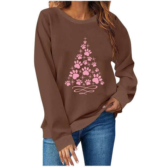 CheerKidz Women's Christmas Holiday Print Crewneck Sweatshirt Festive Long Sleeve Pullover Tops for Season Celebrations(Coffee#1,M)