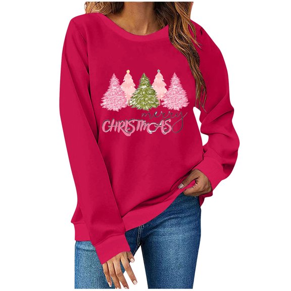 CheerKidz Women's Christmas Holiday Print Crewneck Sweatshirt Festive Long Sleeve Pullover Tops for Season Celebrations(Hot Pink#2,M)
