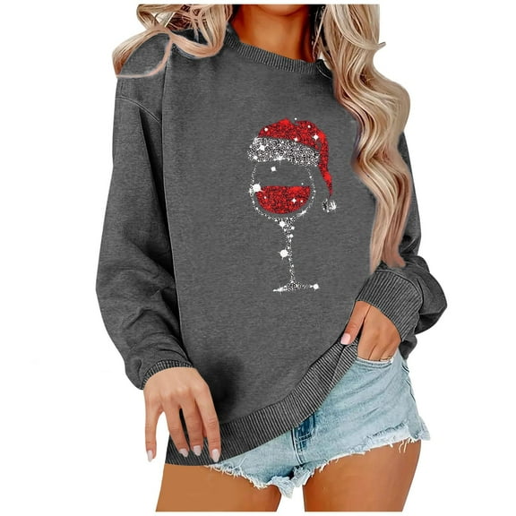 CheerKidz Women's Christmas Print Sweatshirt - Long Sleeve Round Neck Loose Blouse Holiday Themed T-Shirt Style Soft Winter Party Casual Top(Dark Gray,L)