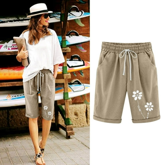 CheerKidz Women's Comfortable Summer Midi Length Pants Fashion Printed Five Points Cotton Linen Design Straight Pants for Casual and Relaxed Outfits