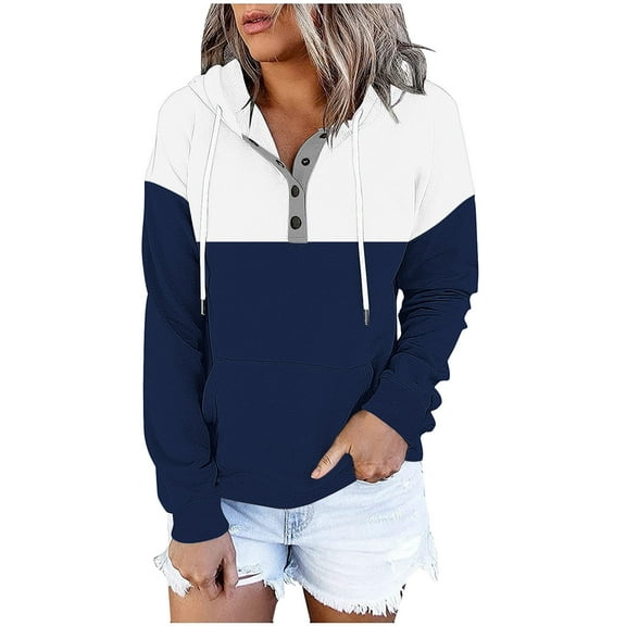 CheerKidz Women's Contrast Color Button Hoodie with Drawstring Pocket Pullover Fashion Sweatshirt Comfortable Long Sleeve Casual Top Winter Daily Loungewear Loose Fit(Dark Blue,M)