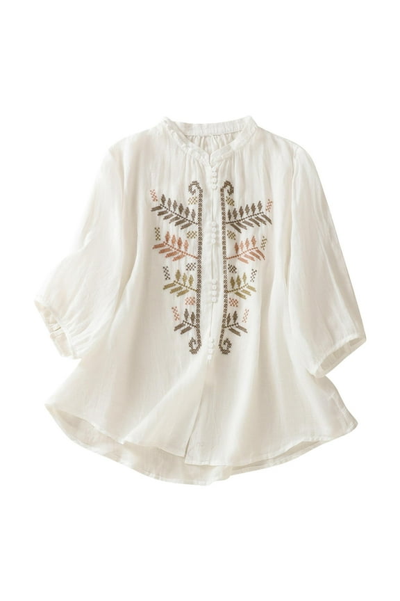 Women's Embroidered 3/4 Sleeve V-Neck Pullover Tops Imitation Cotton Linen Buckle Design Fashionable Blouse Bohemian Style(White,M)