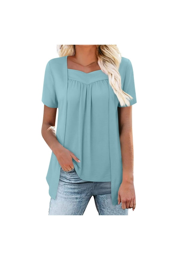 Women's Fake Two Piece Short Sleeve Round Neck Blouse Solid Color Fashion Tops Unique Layered Look Casual Summer Wear(Light Blue,2XL)