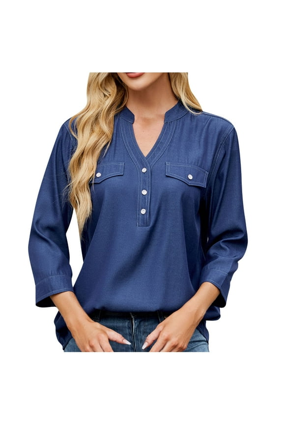 Women's Fashion Casual Spring Summer Denim Shirt Loose 3/4 Sleeve V-Neck Imitation Chambray Blouse Trendy Streetwear(Dark Blue,2XL)