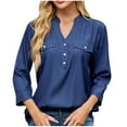 thumbnail image 1 of CheerKidz Women's Fashion Casual Spring Summer Denim Shirt Loose 3/4 Sleeve V-Neck Imitation Chambray Blouse Trendy Streetwear(Dark Blue,L), 1 of 8