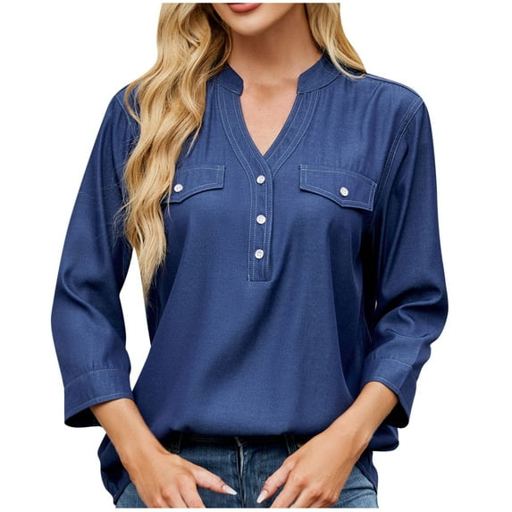 CheerKidz Women's Fashion Casual Spring Summer Denim Shirt Loose 3/4 Sleeve V-Neck Imitation Chambray Blouse Trendy Streetwear(Dark Blue,M)