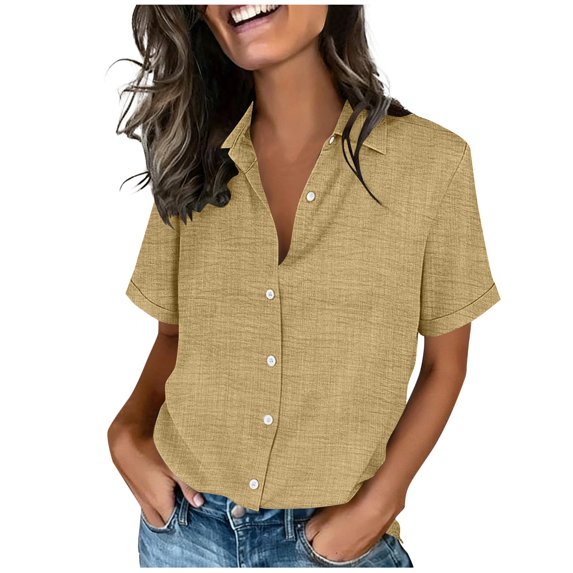 CheerKidz Women's Fashion Loose Short Sleeve Lapel Neck Solid Color Casual Linen Shirt Summer Vacation Blouse Tops