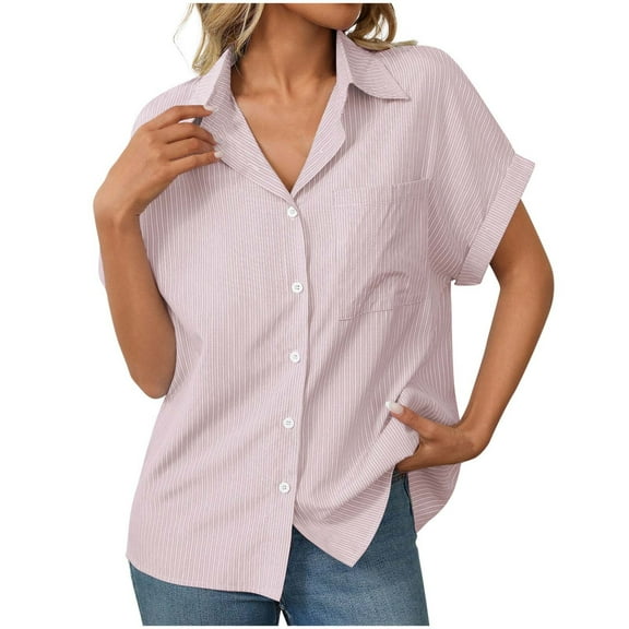 CheerKidz Women's Fashion Loose Short Sleeve Lapel Pocket Striped Casual Shirt Summer Vacation Clothes (Pink,S)