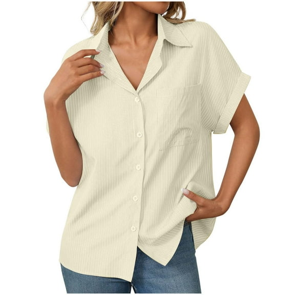 CheerKidz Women's Fashion Loose Short Sleeve Lapel Pocket Striped Casual Shirt Summer Vacation Clothes (Yellow,S)