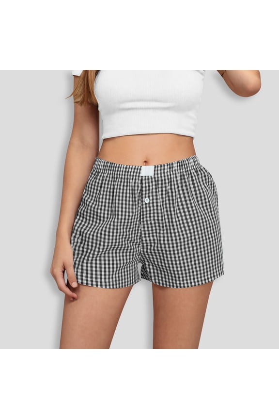 Women's High Waisted Checkered Elastic Waist Wide Leg Shorts with Pockets for Summer Casual Wear