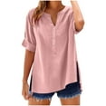thumbnail image 1 of CheerKidz Women's Imitation Cotton Linen V-Neck Short Sleeve Blouse with Button Hem and Side Slit Solid Color Casual Pullover Tops for Everyday Wear(Pink#1,3XL), 1 of 7