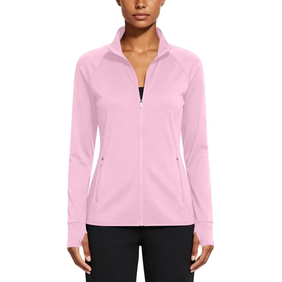CheerKidz Women's Jacket Full Zip Stand Collar Thumbhole Cuffs Side Zip Pockets Polyester Spandex Slim Shape Running Gym Outdoor Activities Spring Warm Weather (Pink, M).