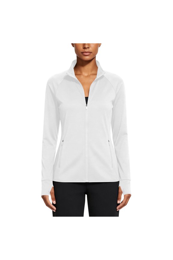 Women's Jacket Full Zip Stand Collar Thumbhole Cuffs Side Zip Pockets Polyester Spandex Slim Shape Running Gym Outdoor Activities Spring Warm Weather (White, L)